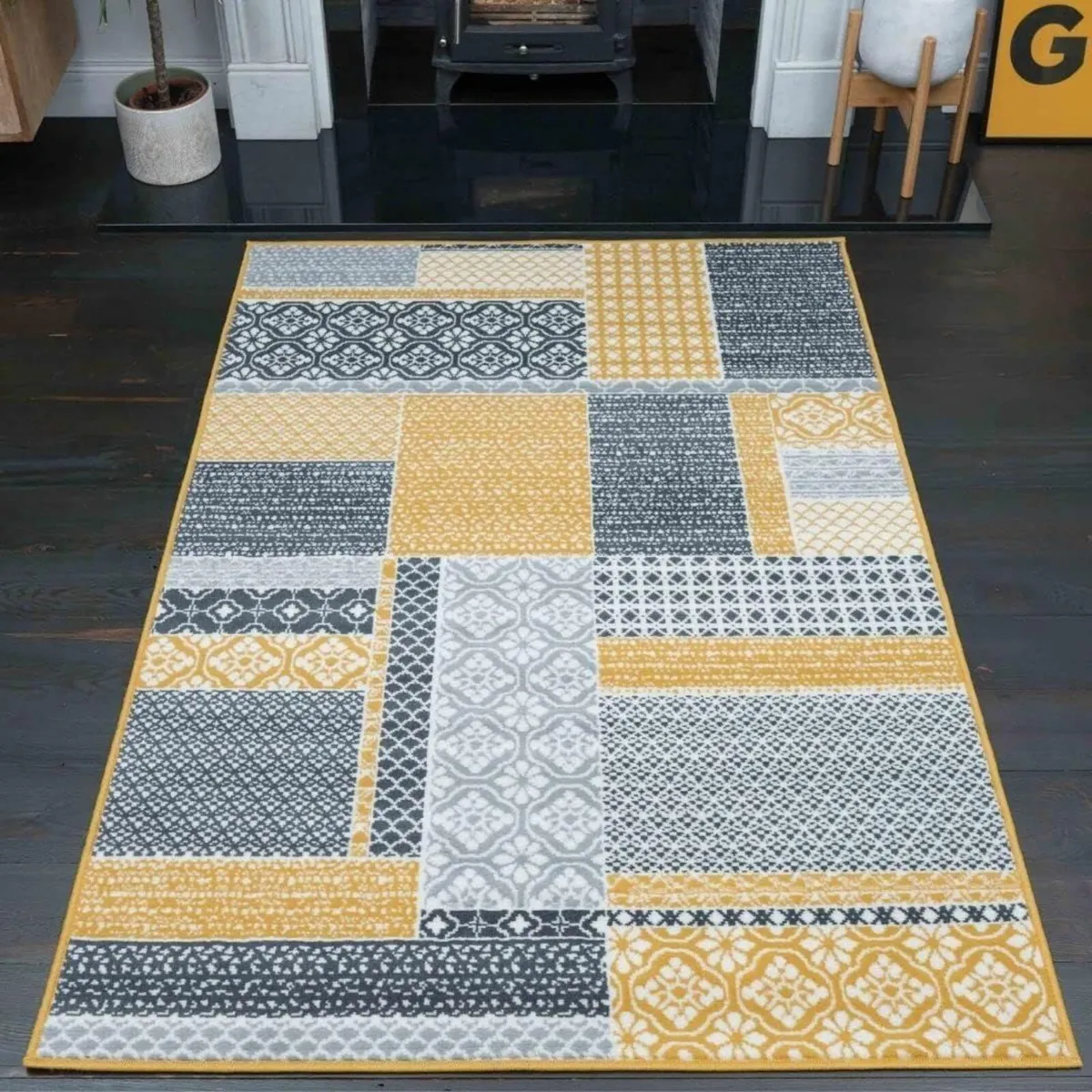 Milan Ochre Mustard Yellow Grey Patchwork Squares - Image 1