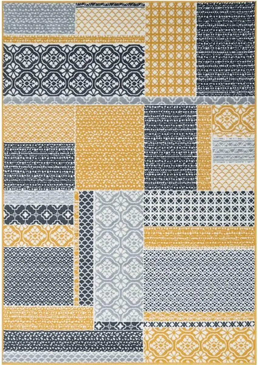Milan Ochre Mustard Yellow Grey Patchwork Squares - Image 4