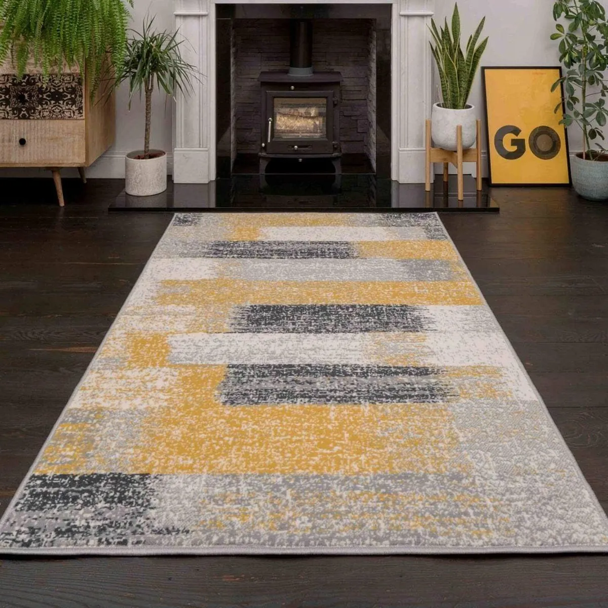 Ochre Grey Distressed Abstract Living Room Carpet - Image 1