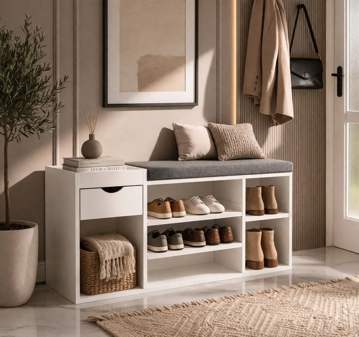 Shoe Storage Bench with Cushion & Drawer - Image 1