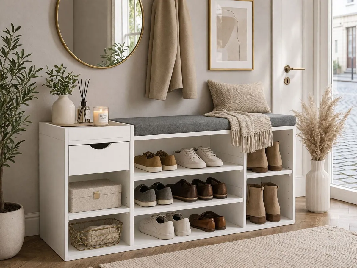 Shoe Storage Bench with Cushion & Drawer - Image 2