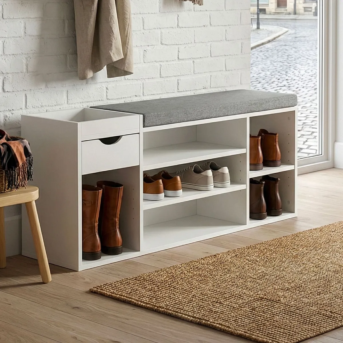 Shoe Storage Bench with Cushion & Drawer - Image 3