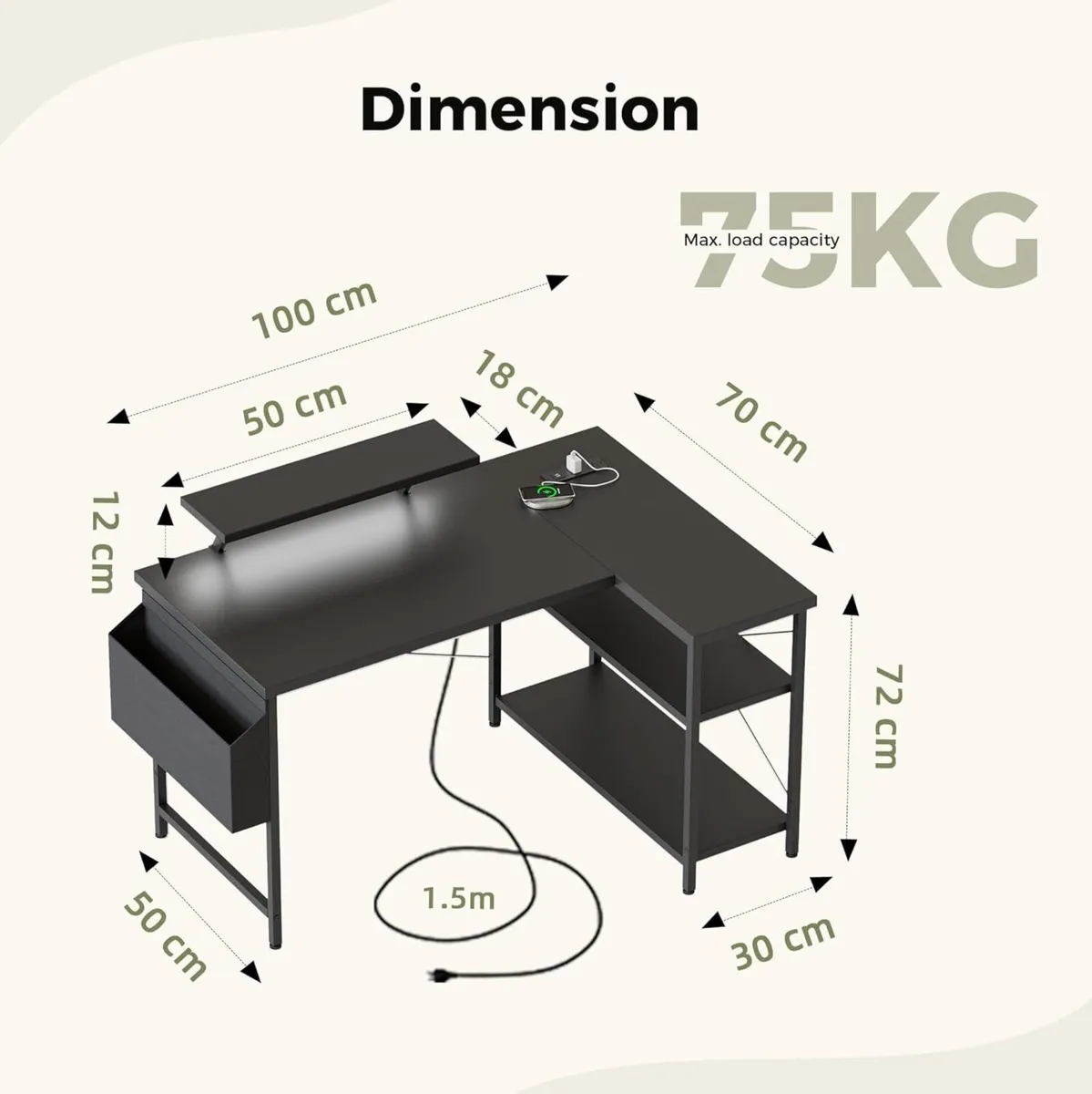 L-shaped desk 100x70cm gaming table with 2 - Image 2
