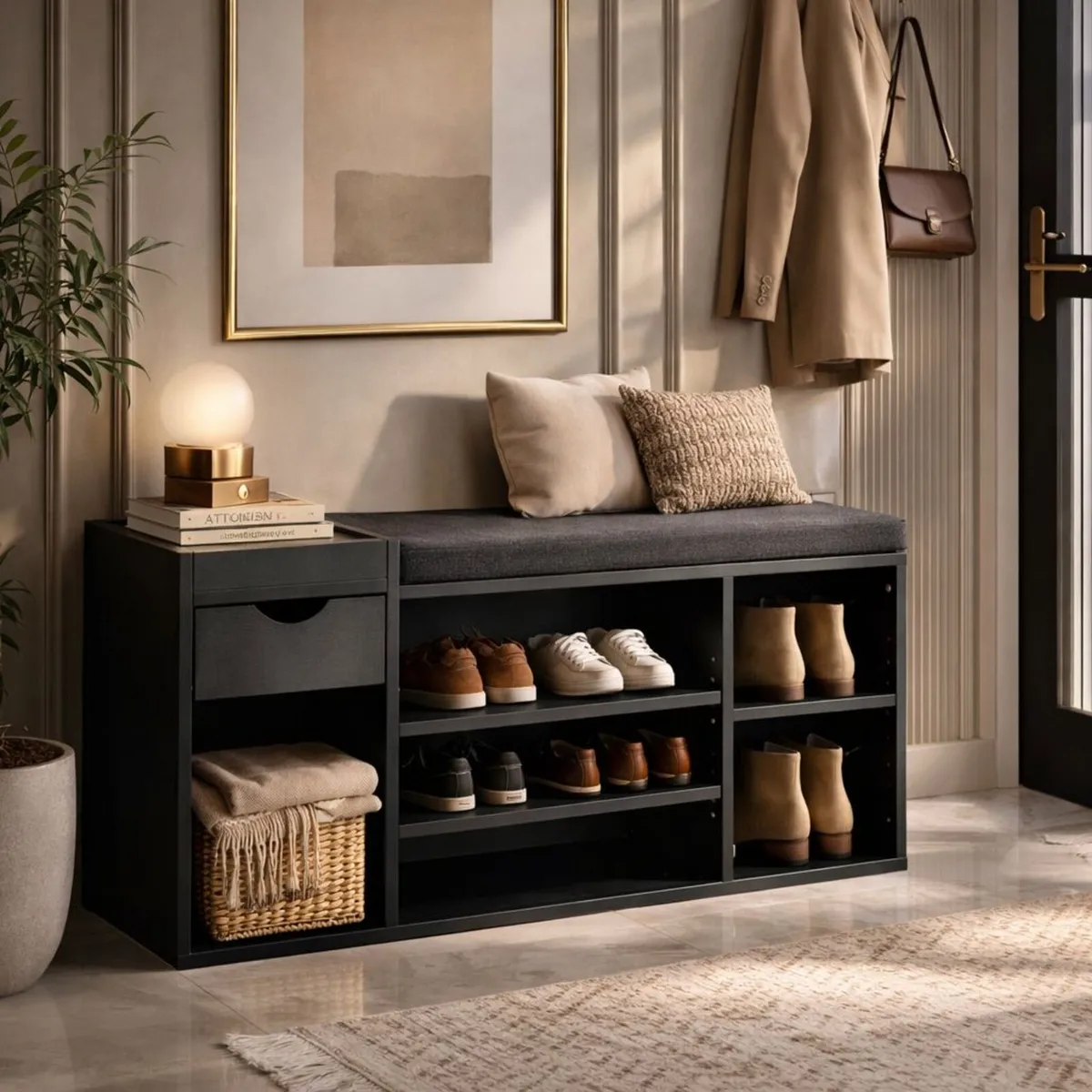 Black Shoe Storage Bench with Cushion & Drawer - Image 1