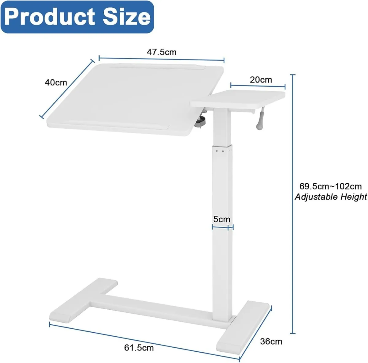 67.5x40cm Hospital Bed Table with Wheels Adjustabl - Image 2
