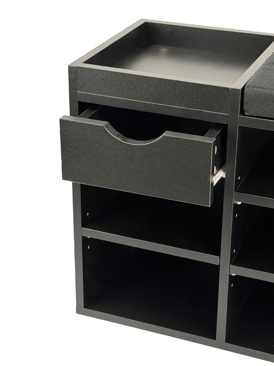 Black Shoe Storage Bench with Cushion & Drawer - Image 4