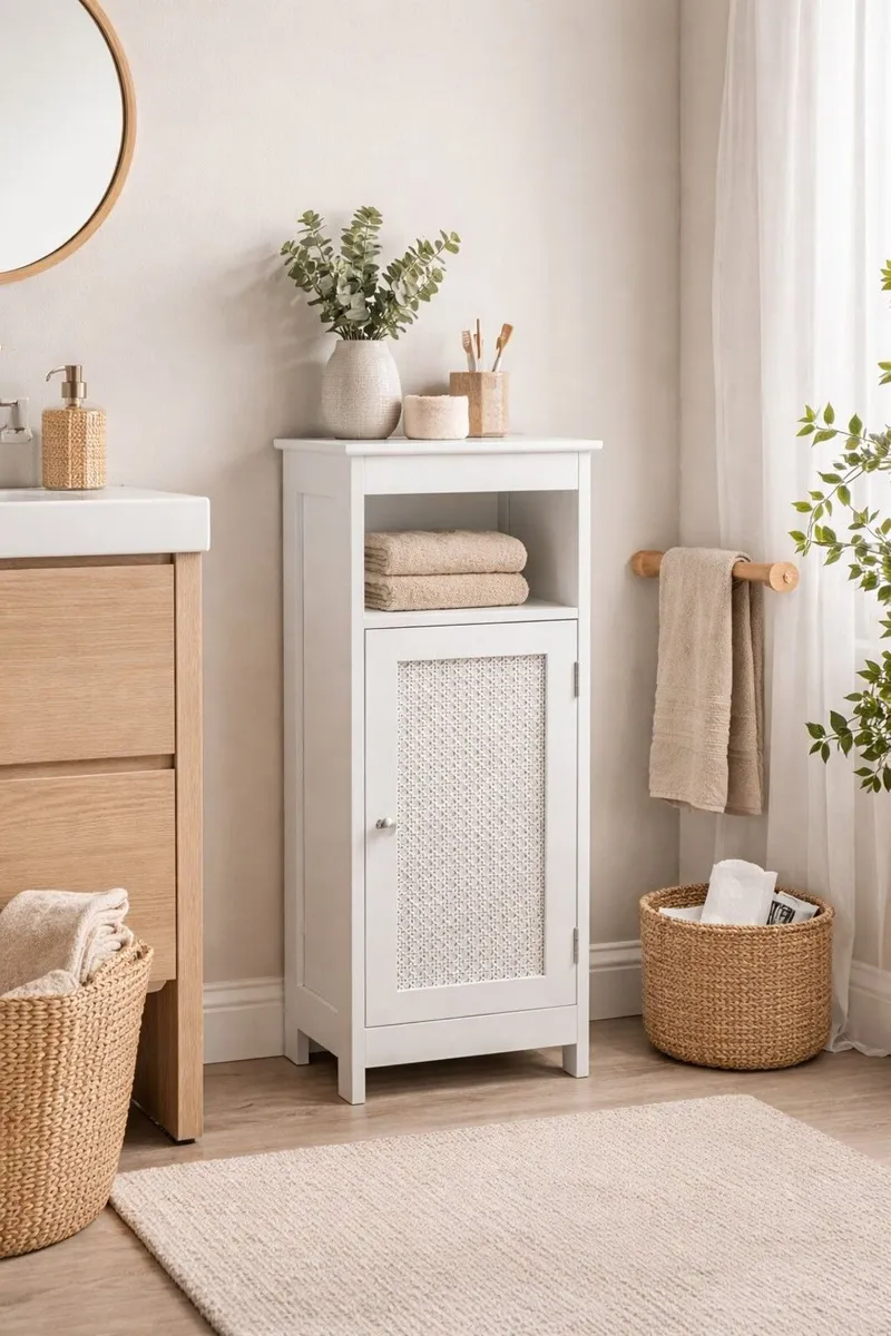 Slim White Storage Cabinet Narrow Freestanding Bat - Image 1