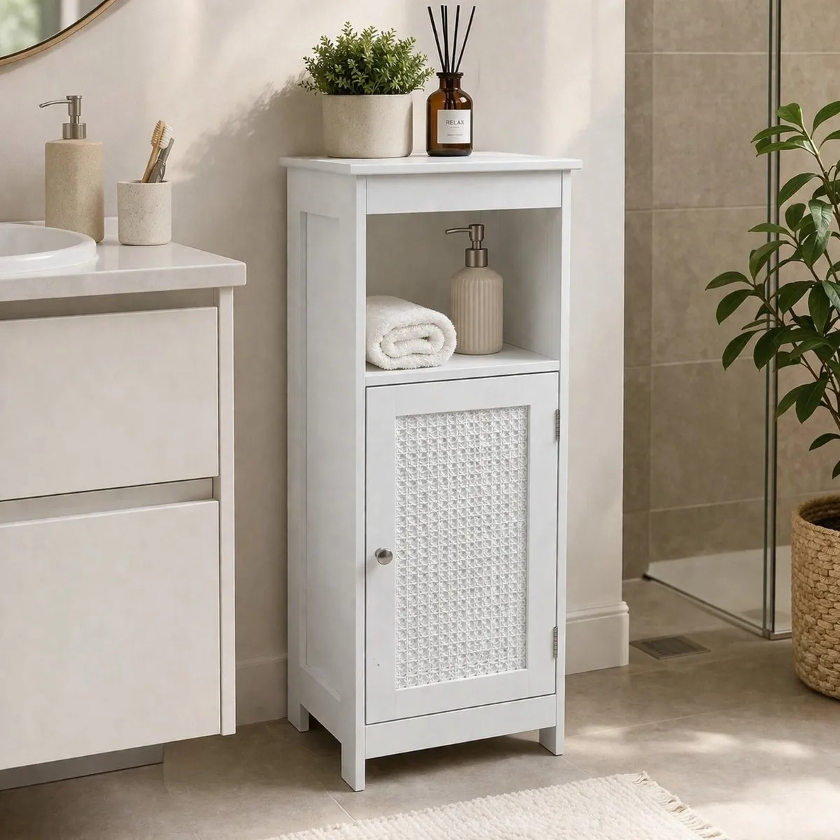 Slim White Storage Cabinet Narrow Freestanding Bat - Image 2