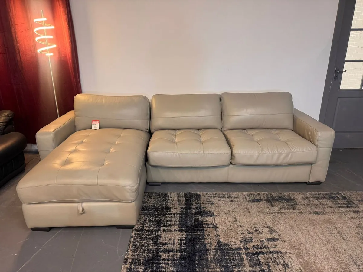 Light Grey Real Leather Corner Sofa with Storage - Image 2