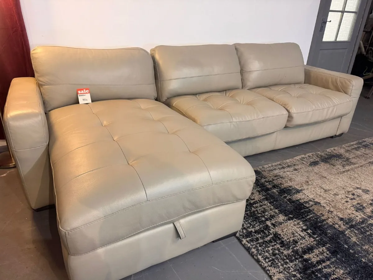 Light Grey Real Leather Corner Sofa with Storage - Image 1