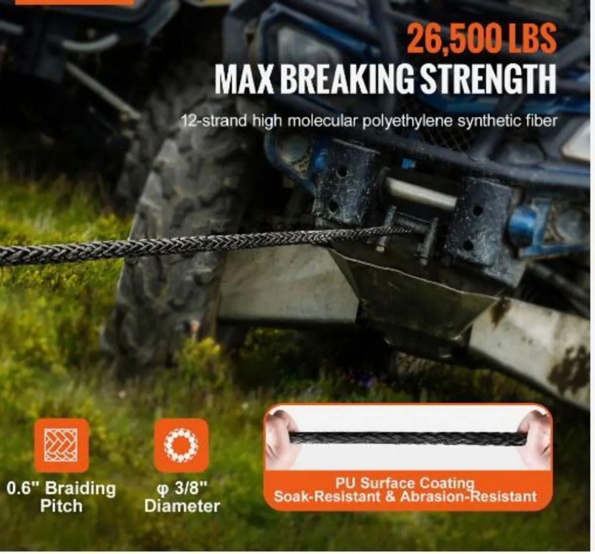 Synthetic Winch Rope, 9.5 mm x 30.48 m - Image 3