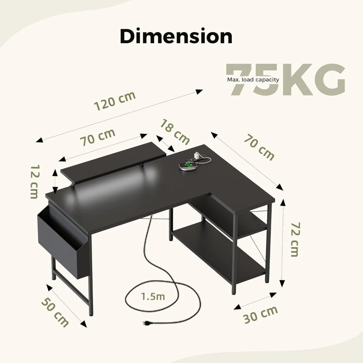 L-shaped desk 120x70cm gaming table with 2 - Image 2