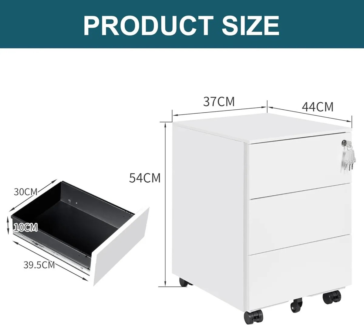 3-Drawer Mobile Filing Cabinet with Lock Steel - Image 3