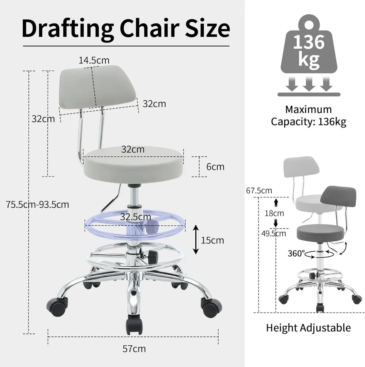 Height Adjustable Drafting Office Chair with - Image 2