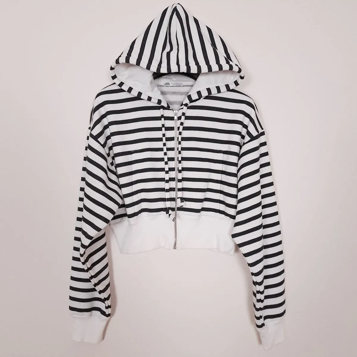Zara White Black Striped Cropped Hoodie Size L - Image 1