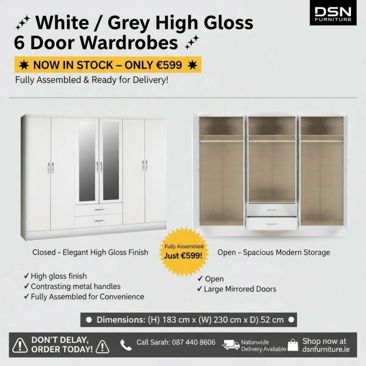 6 DOOR WARDROBES  WHITE OR GREY GLOSS 0872927892 - Image 3