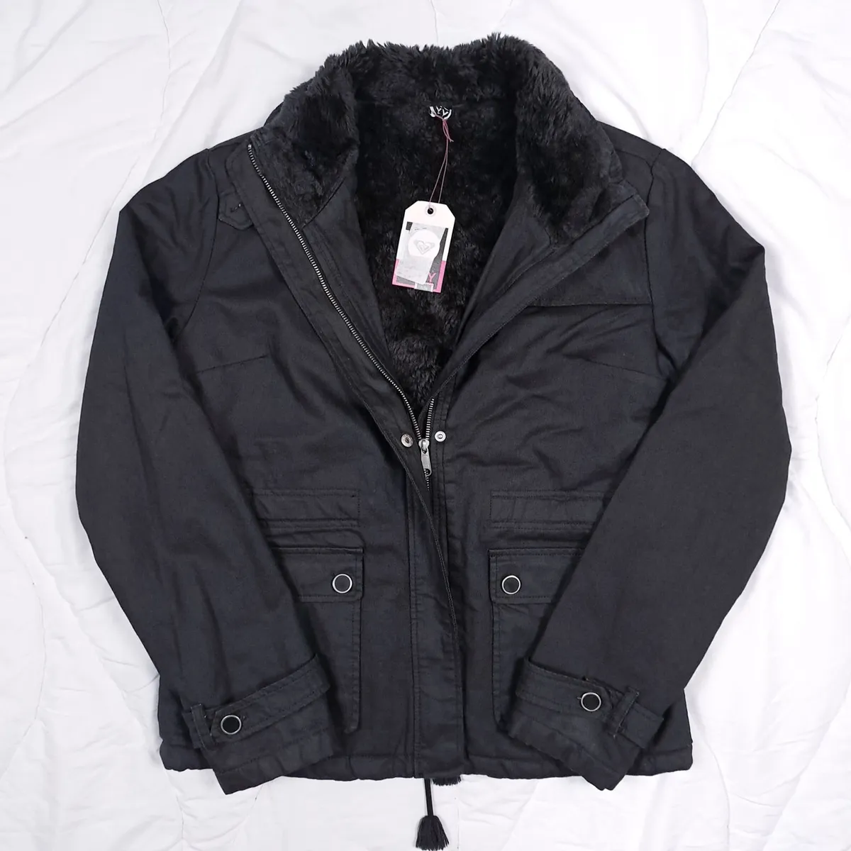 Roxy Black Faux Fur Lined Parka Jacket Size XL - Image 1
