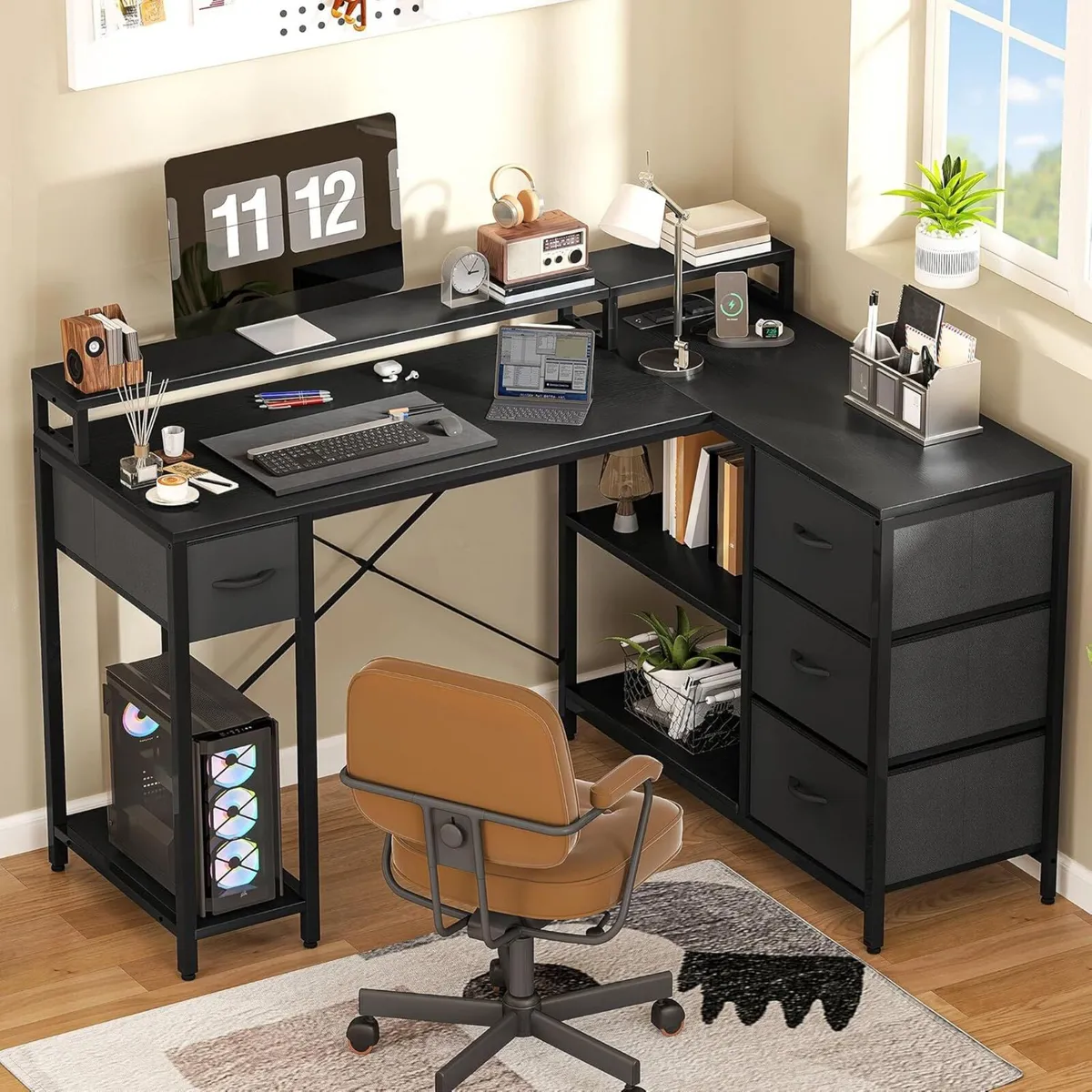 L Shaped Computer Desk with Drawers Corner USB - Image 1