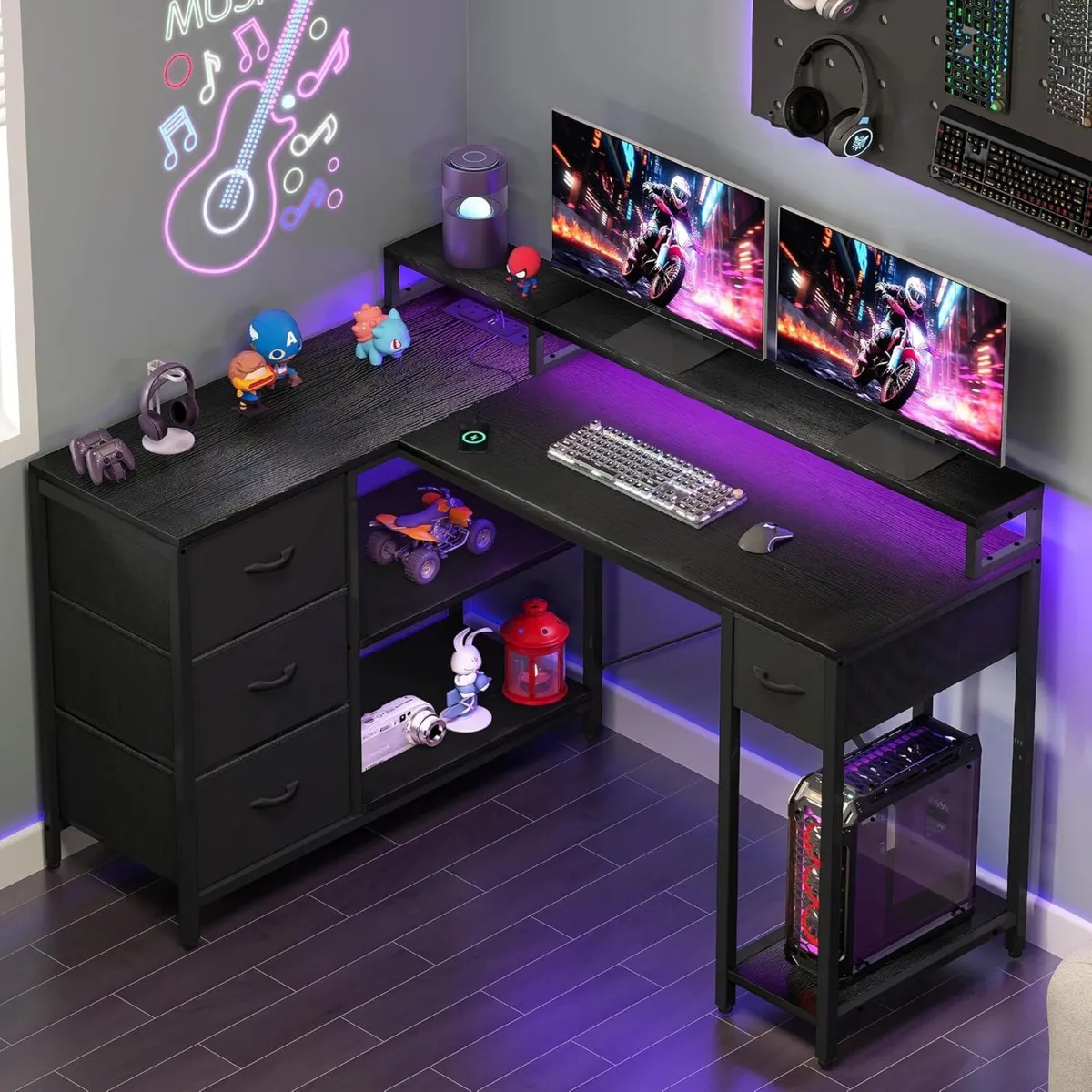 L Shaped Computer Desk with Drawers Corner USB - Image 4