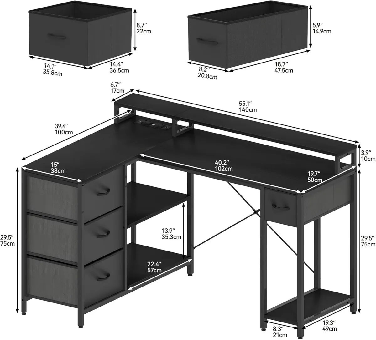 L Shaped Computer Desk with Drawers Corner USB - Image 2