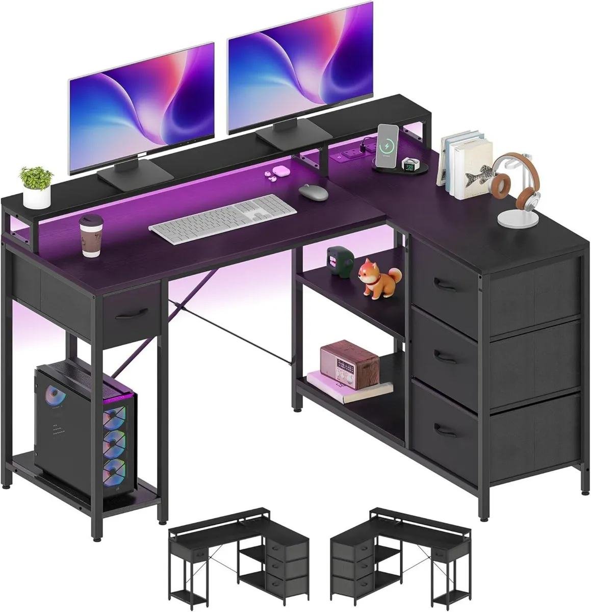 L Shaped Computer Desk with Drawers Corner USB - Image 3