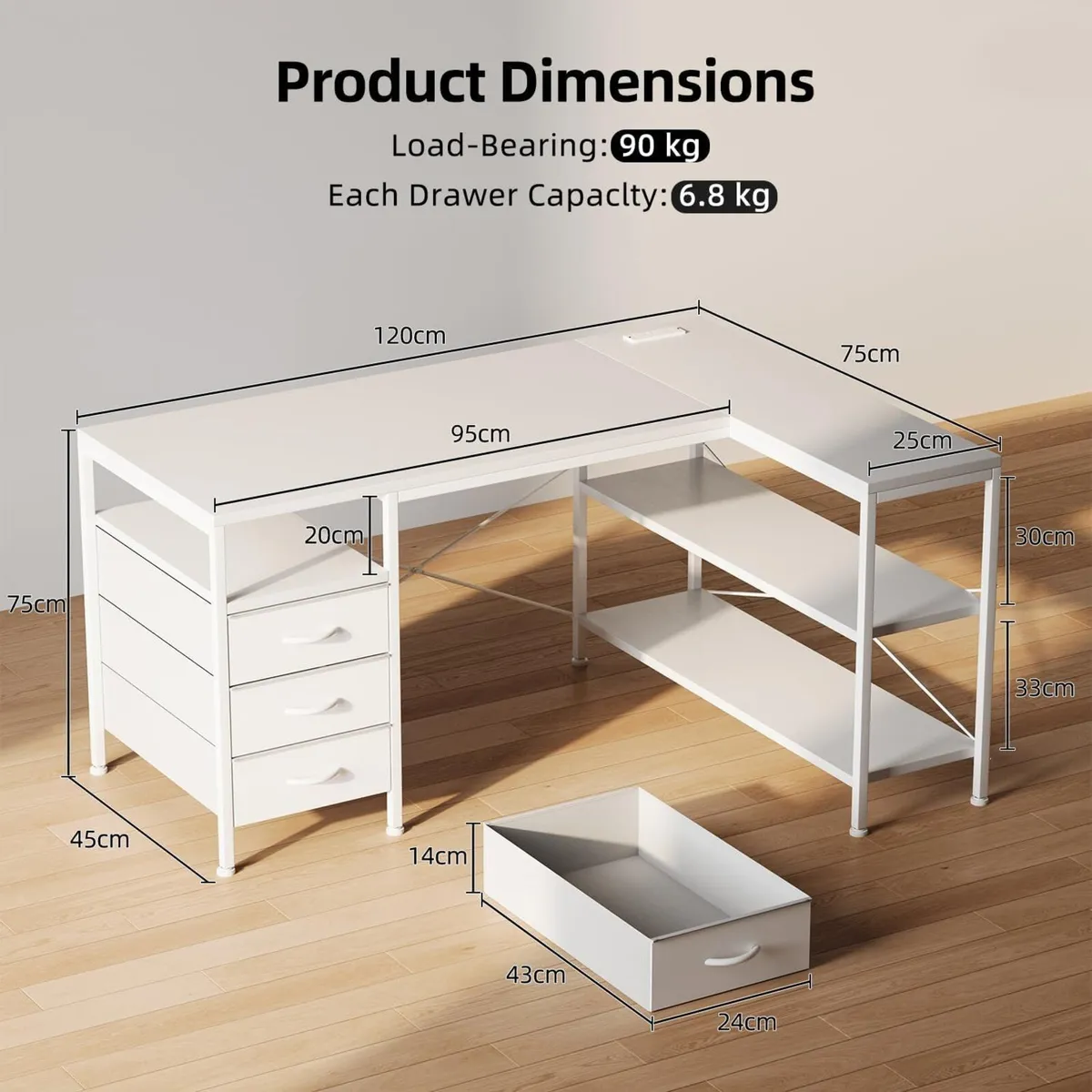 120cm Corner Desk with Drawers Reversible L - Image 3