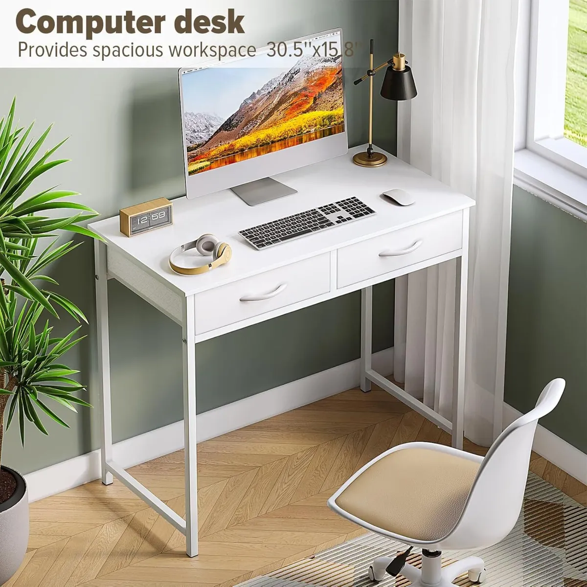 Small Computer Desk with Drawers 31.5 Inch White - Image 2