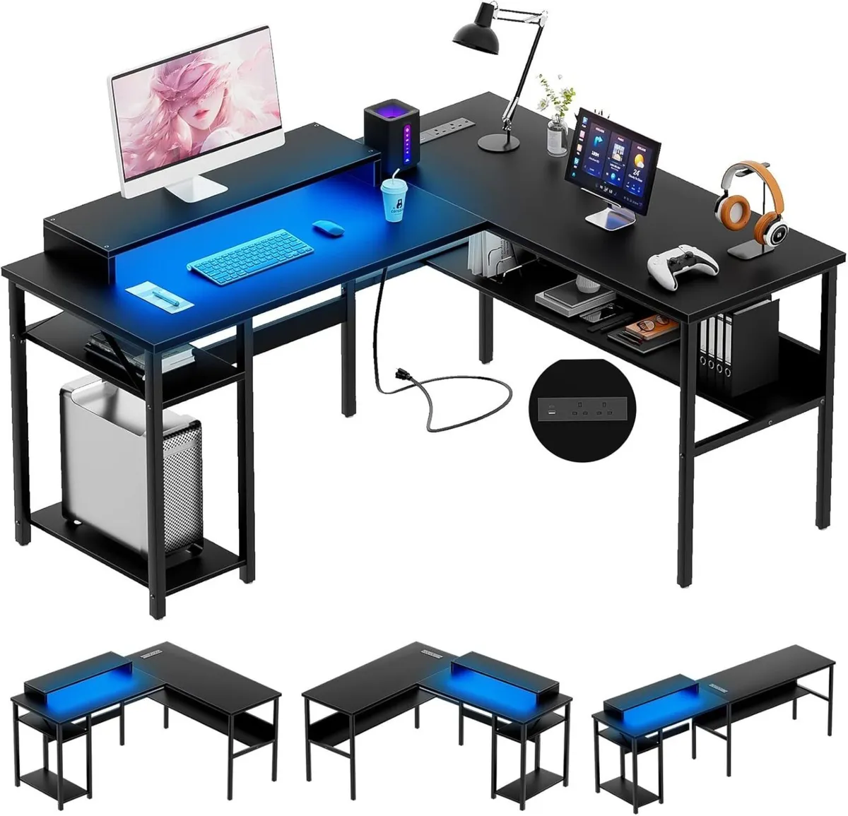 L Shaped Desk Gaming with LED Lights Reversible - Image 1