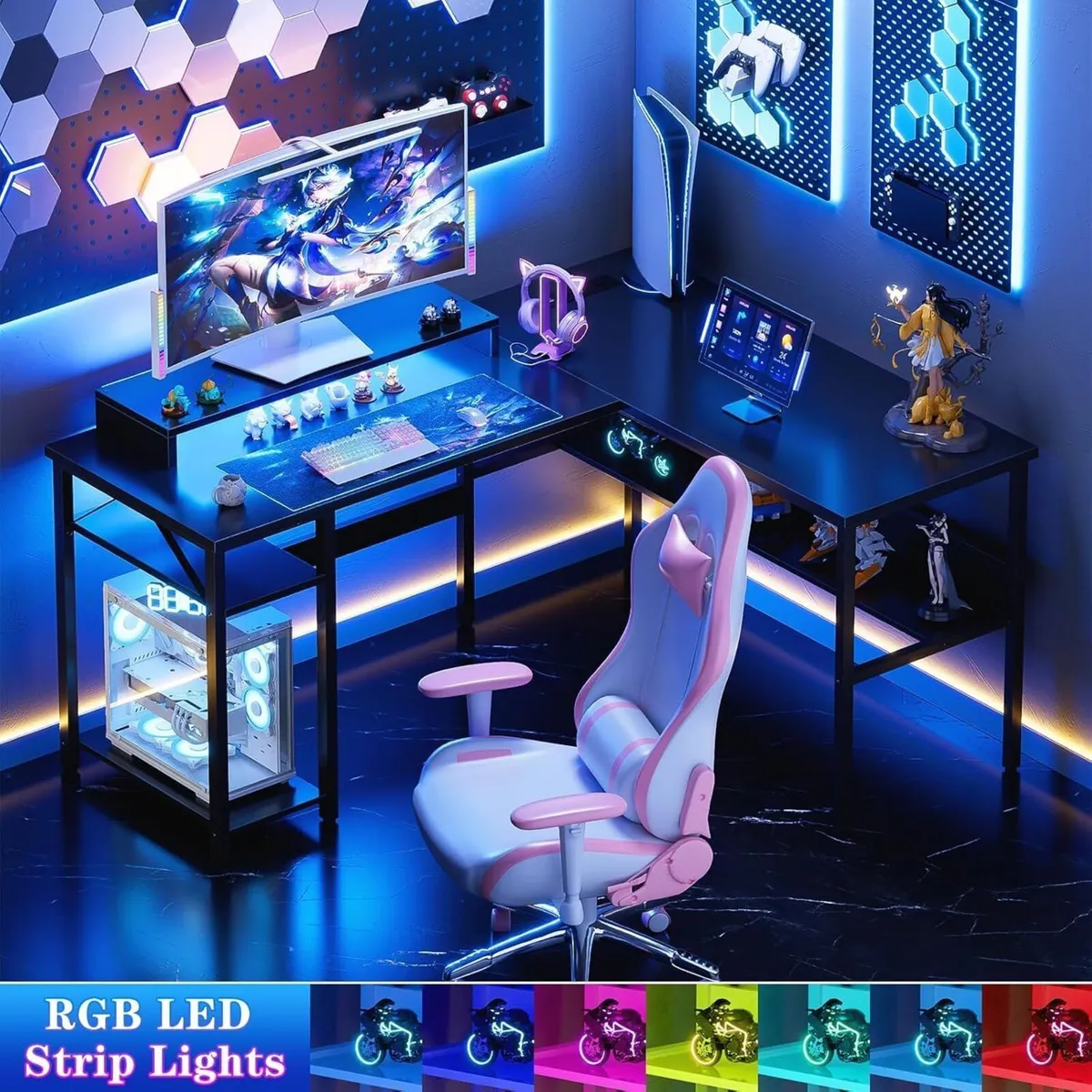 L Shaped Desk Gaming with LED Lights Reversible - Image 4
