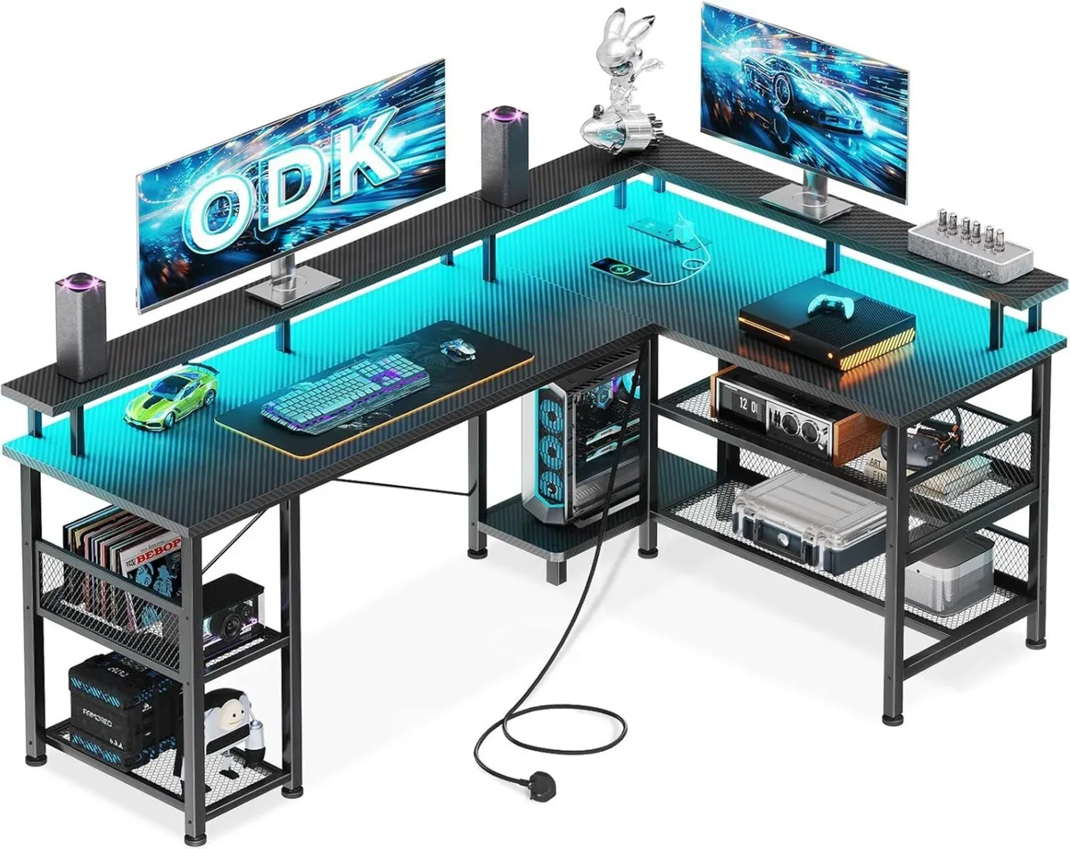 L Shaped Gaming Desk with LED Lights Power - Image 1