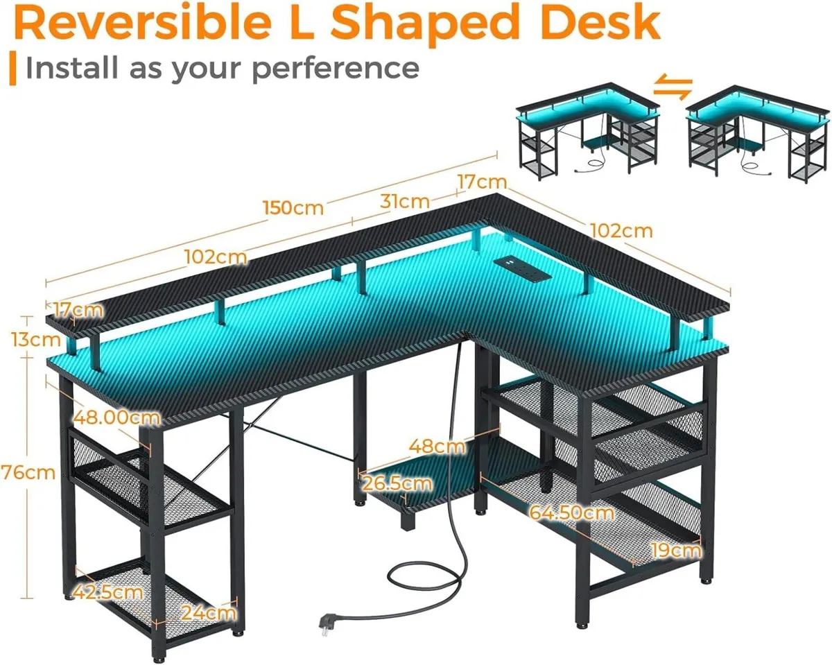 L Shaped Gaming Desk with LED Lights Power - Image 3