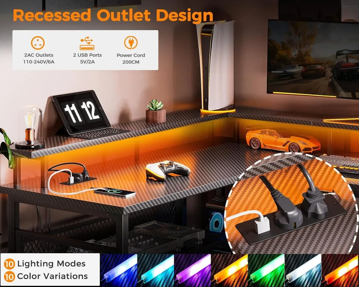 L Shaped Gaming Desk with LED Lights Power - Image 4