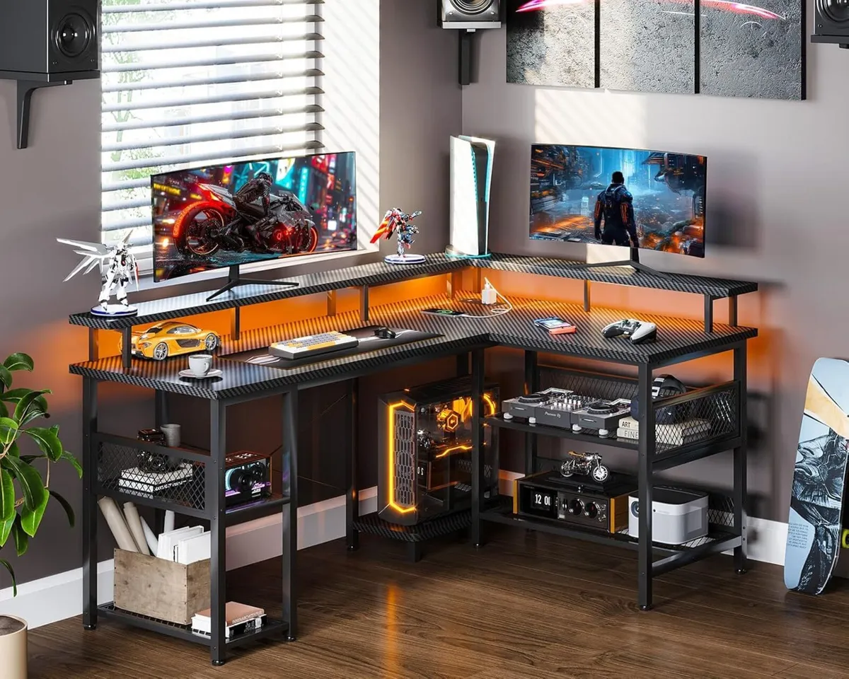 L Shaped Gaming Desk with LED Lights Power - Image 2