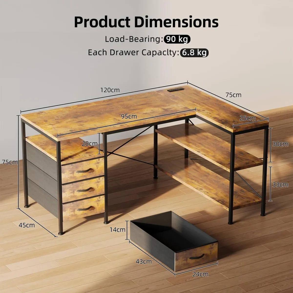 120cm Corner Desk with Drawers Reversible L - Image 3