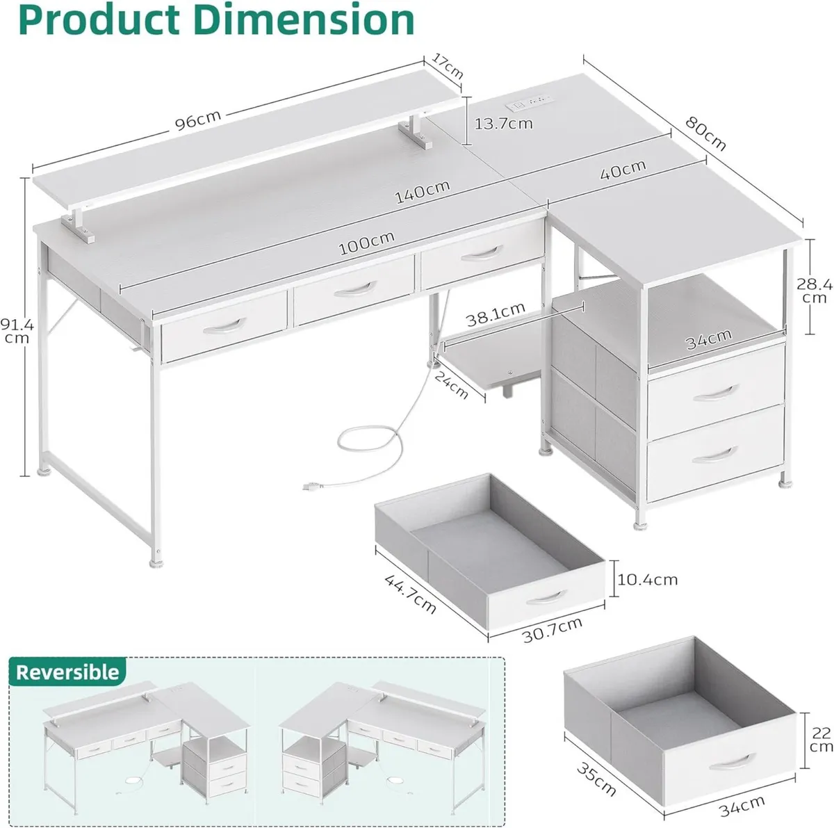 140cm Large Computer Desk with 5 Fabric Drawers - Image 3