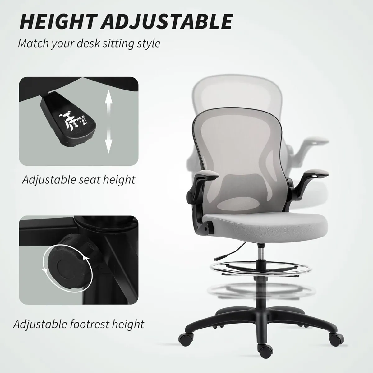 Drafting Chair Ergonomic Tall Office with Flip-up - Image 4