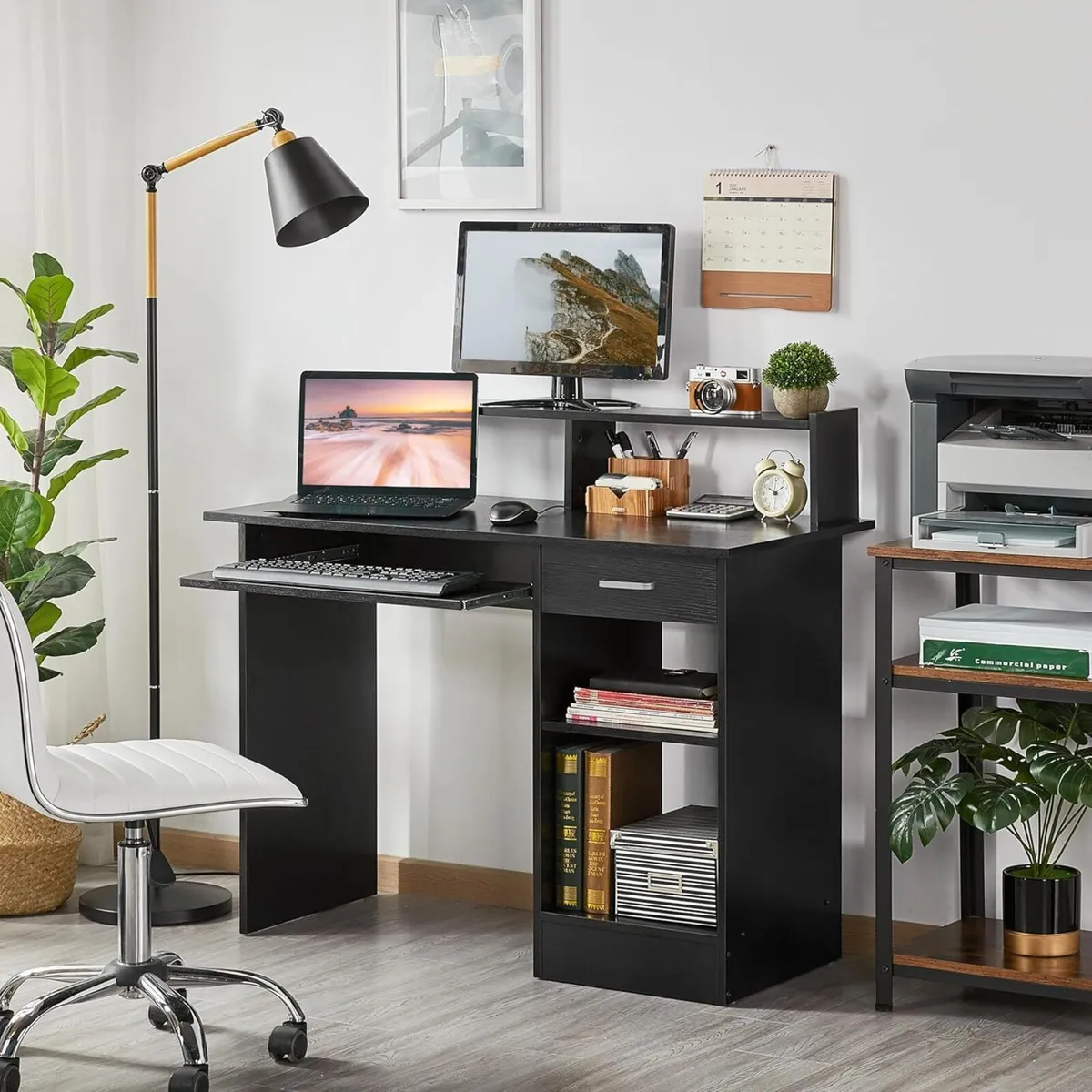 Black Computer Desk with Drawers Storage Shelf - Image 2