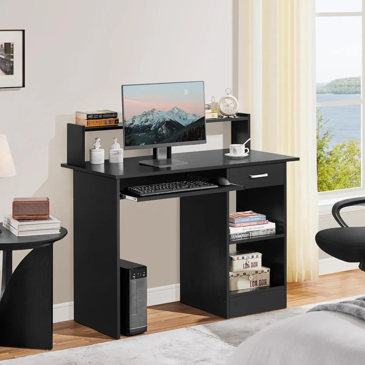 Black Computer Desk with Drawers Storage Shelf - Image 4