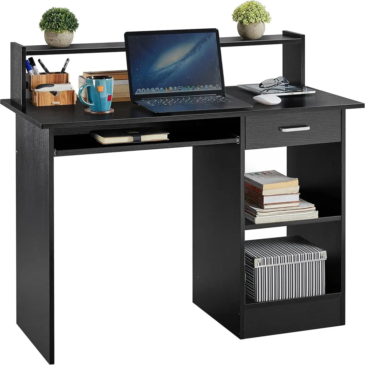 Black Computer Desk with Drawers Storage Shelf - Image 1