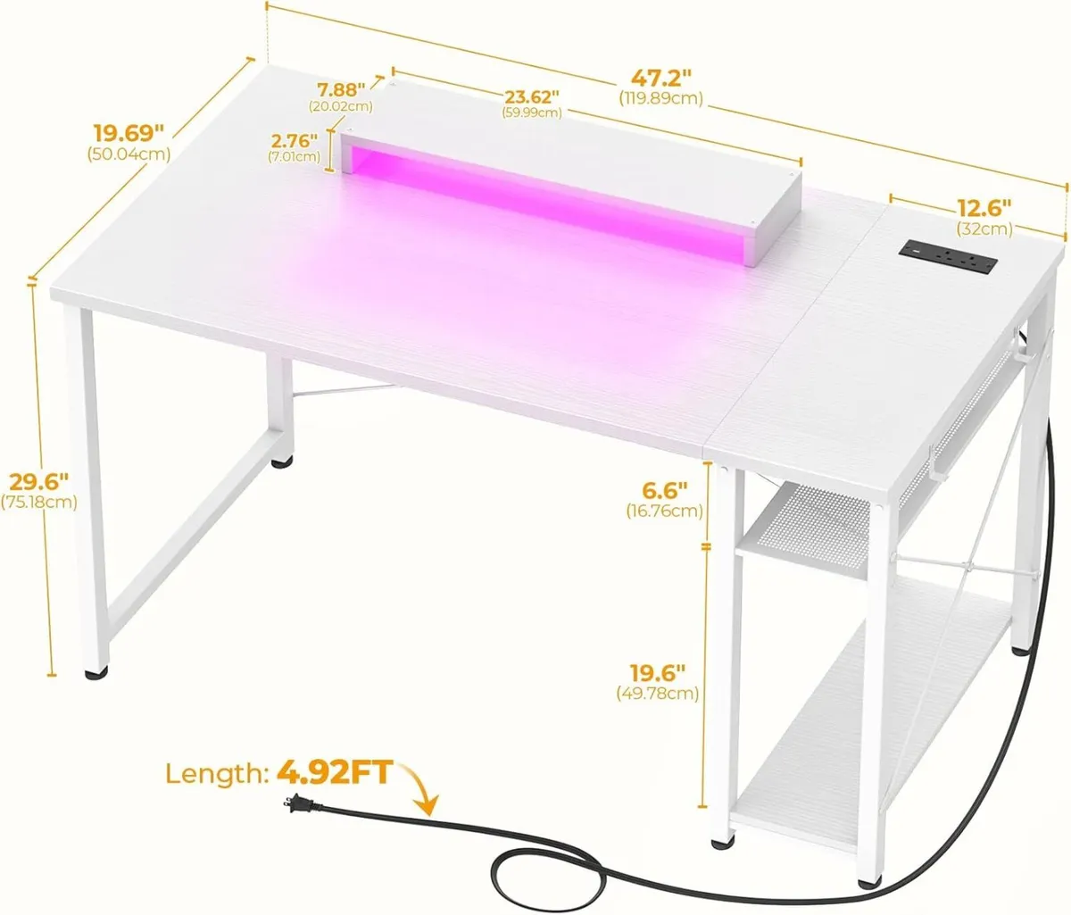 47 inch Gaming Desk with Power Outlets LED Lights - Image 3