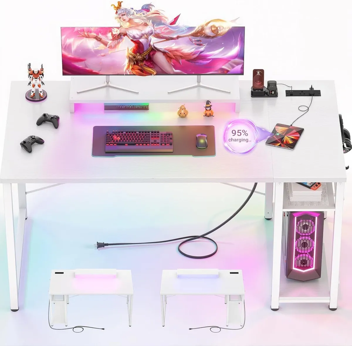 47 inch Gaming Desk with Power Outlets LED Lights - Image 1