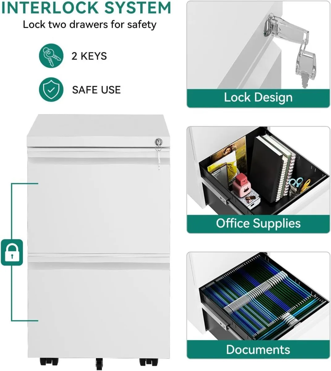 Mobile Filing Cabinet with 2 Lockable Drawers - Image 4