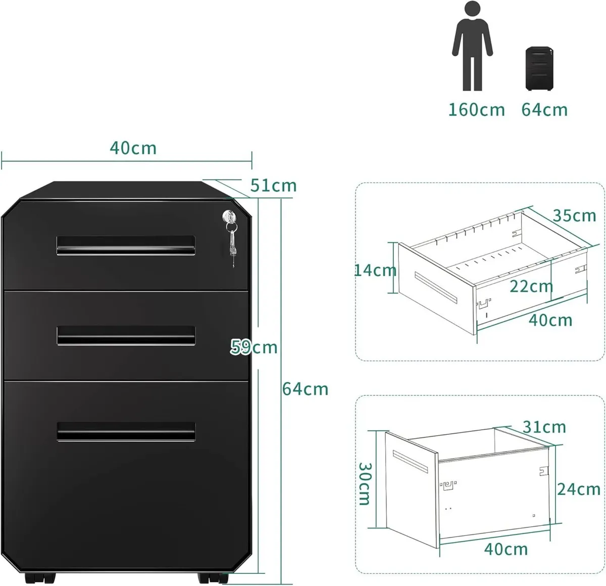 3-Drawers Mobile File Cabinet for Home Office - Image 3