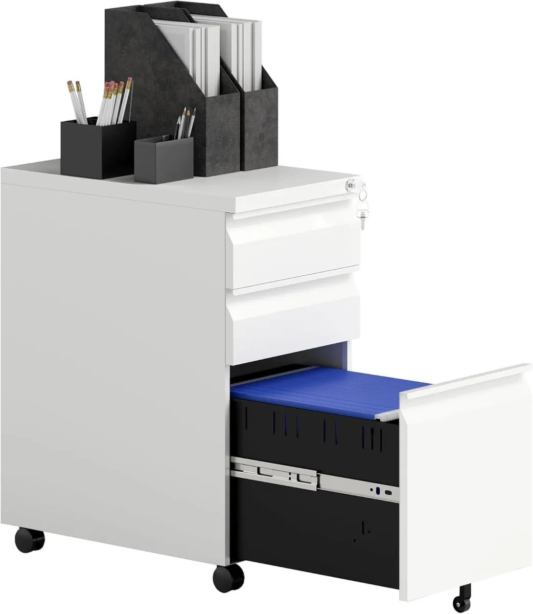 3-Drawer Filing Cabinet with Lock Mobile Steel - Image 1
