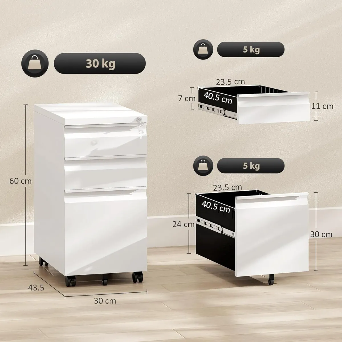 3-Drawer Filing Cabinet with Lock Mobile Steel - Image 3