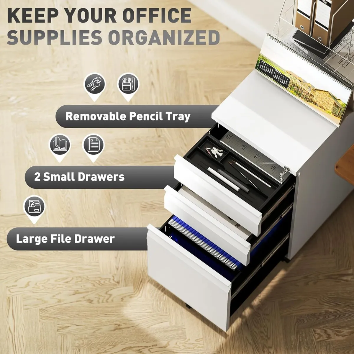 3-Drawer Filing Cabinet with Lock Mobile Steel - Image 4