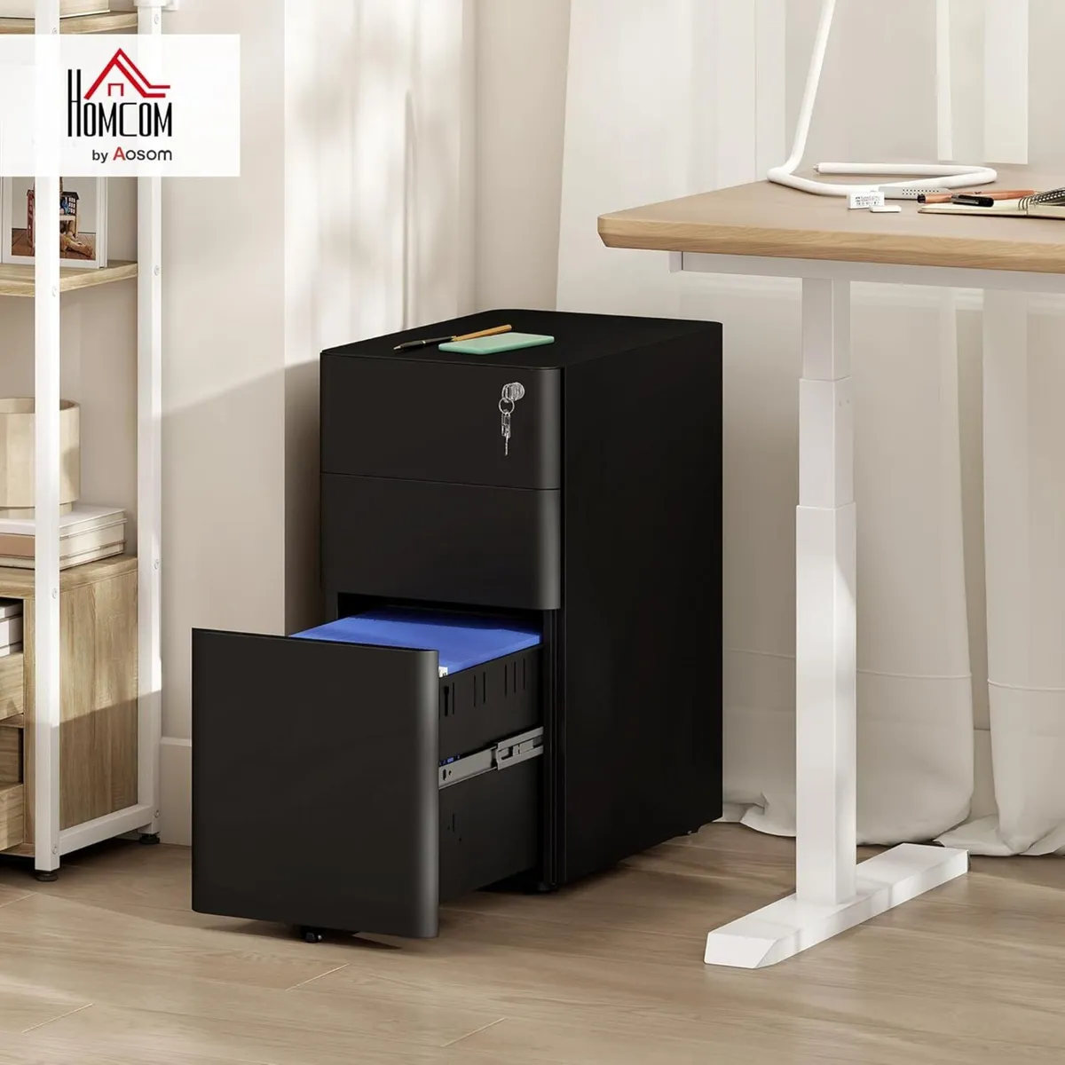 3-Drawer Mobile Filing Cabinet Lockable Metal - Image 2