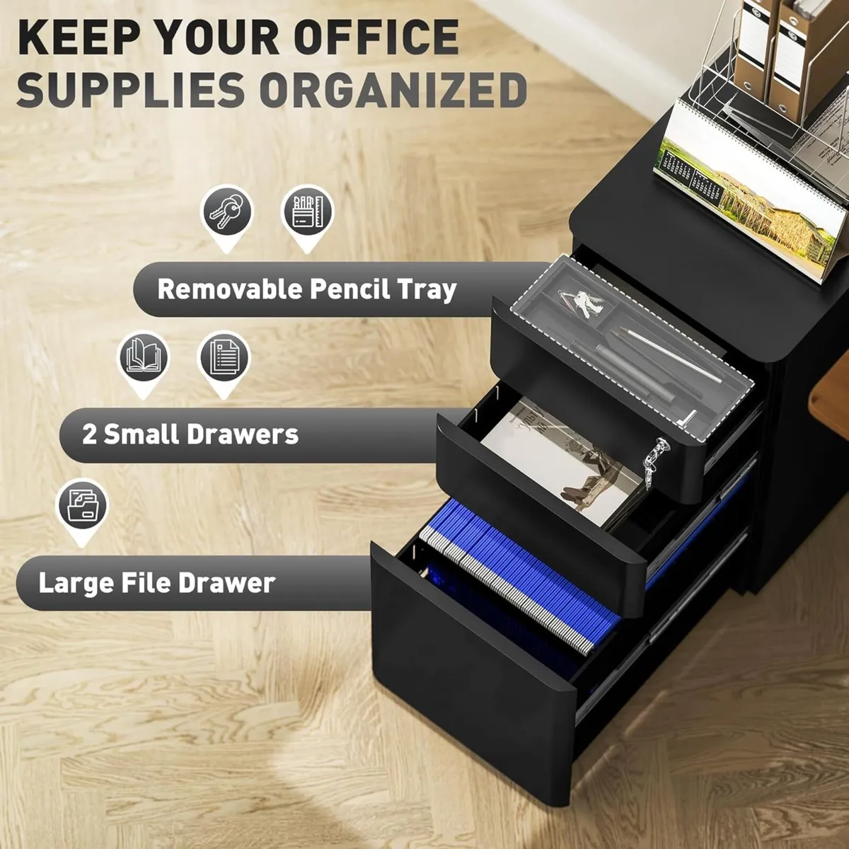 3-Drawer Mobile Filing Cabinet Lockable Metal - Image 4