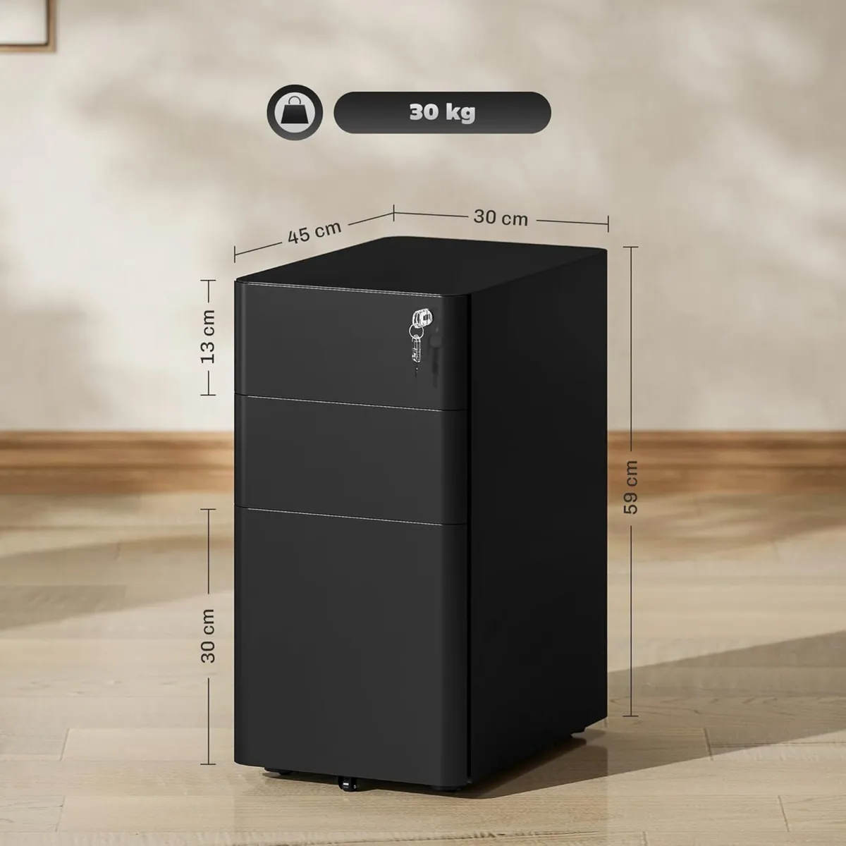 3-Drawer Mobile Filing Cabinet Lockable Metal - Image 3