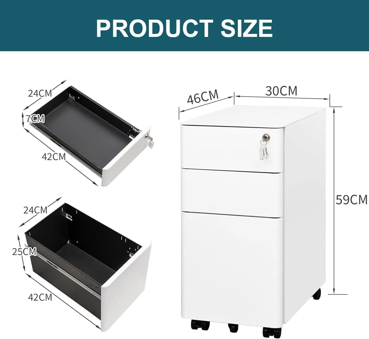 Lockable 3-Drawer Metal Filing Cabinet on Wheels - Image 3